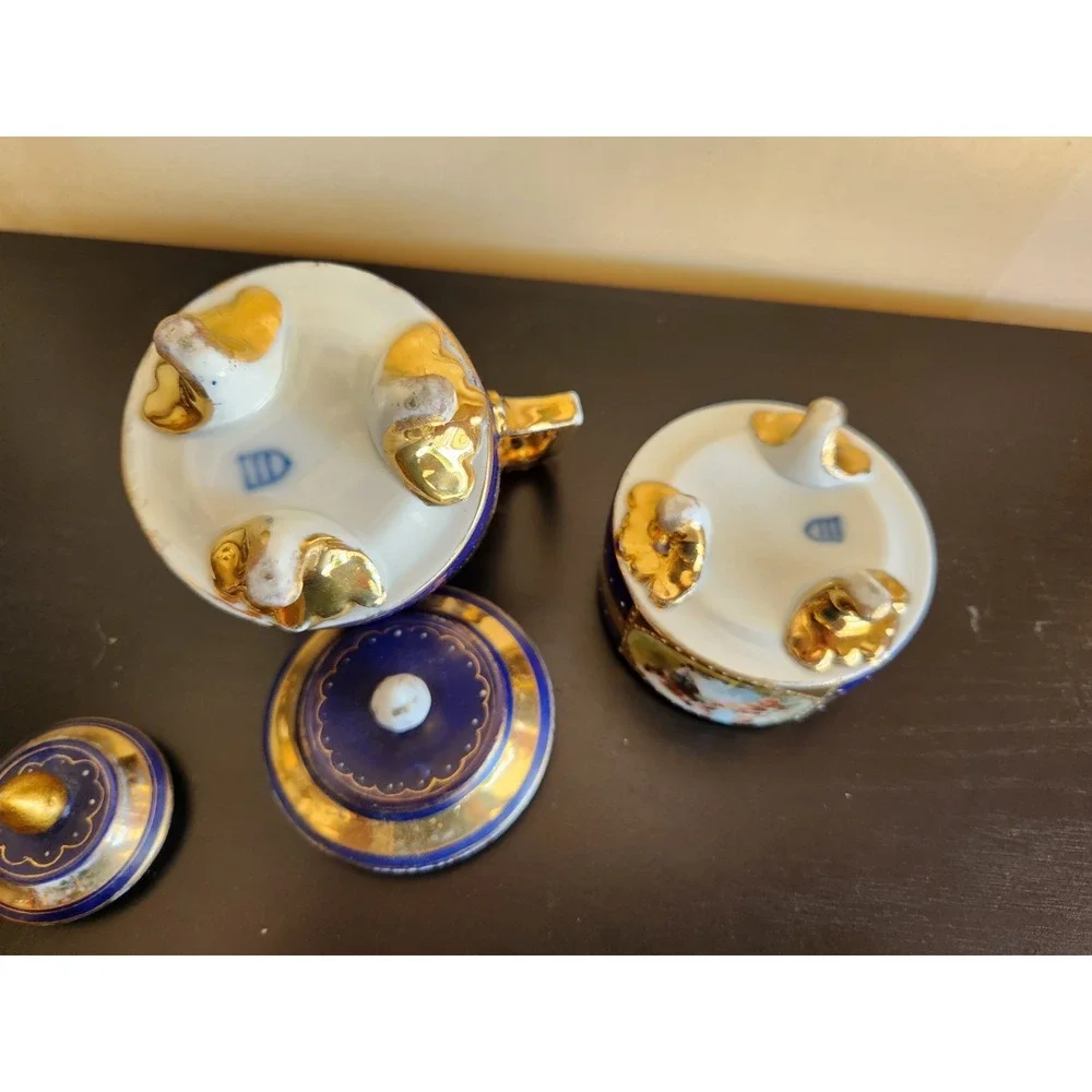 Antique Meissan Cobalt Gold‎ Grand Pictorial Romantic Couple Creamer + Sugar Set